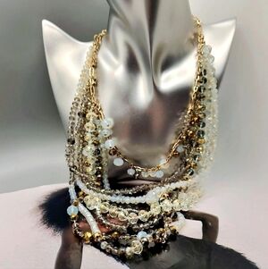NWT Amrita Singh Layla Multi Layer Gold & Ivory Crystal Gold Necklace